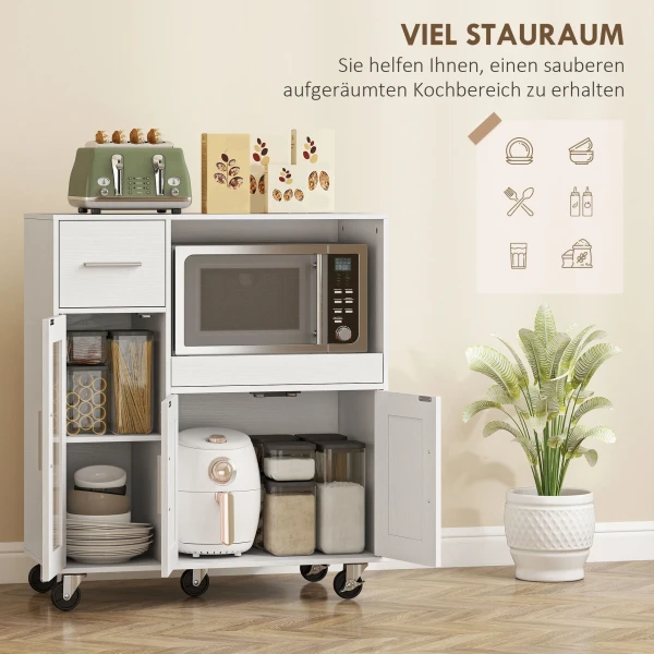 Keukenkast Op Wielen, Mobiele Keukenkast Met Planken, Lades, Verstelbaar Rek, Kabelgat, Wit