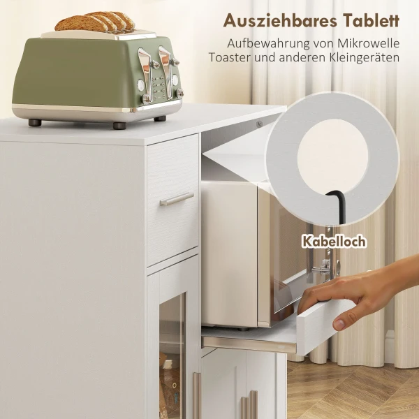 Keukenkast Op Wielen, Mobiele Keukenkast Met Planken, Lades, Verstelbaar Rek, Kabelgat, Wit