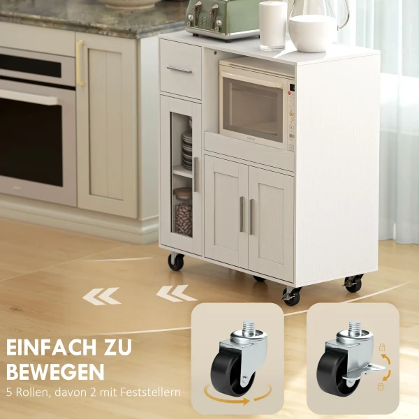 Keukenkast Op Wielen, Mobiele Keukenkast Met Planken, Lades, Verstelbaar Rek, Kabelgat, Wit