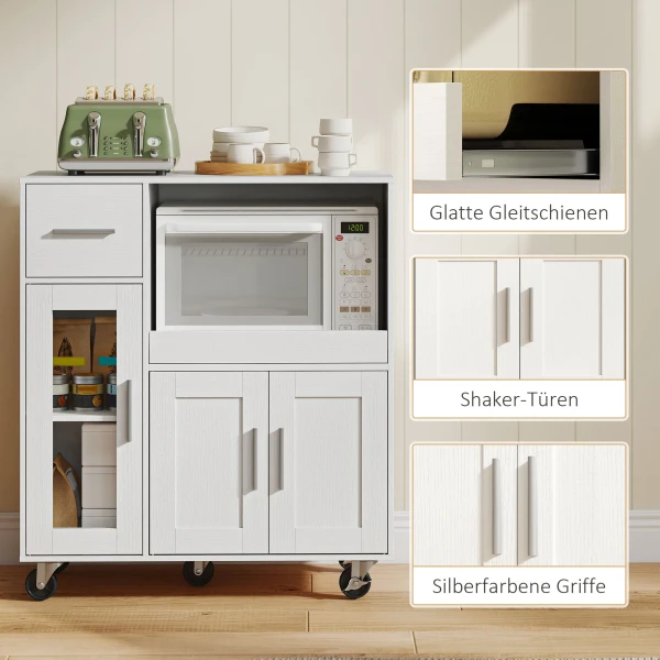 Keukenkast Op Wielen, Mobiele Keukenkast Met Planken, Lades, Verstelbaar Rek, Kabelgat, Wit