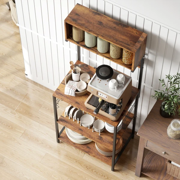 Keukenrek, staand rek met 5 s haken, 5 planken, stopcontact, van staal, rustiek bruin, 60 x 42 x 153 cm 10