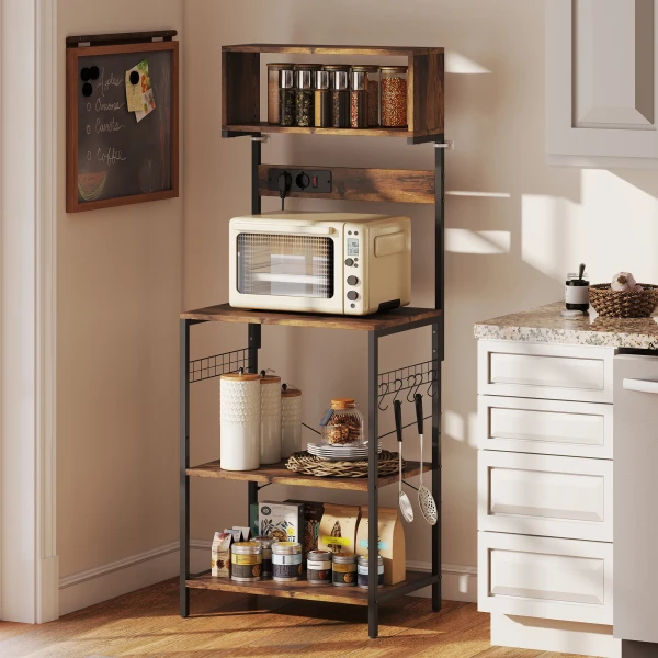 Keukenrek, staand rek met 5 s haken, 5 planken, stopcontact, van staal, rustiek bruin, 60 x 42 x 153 cm 2