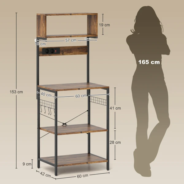 Keukenrek, staand rek met 5 s haken, 5 planken, stopcontact, van staal, rustiek bruin, 60 x 42 x 153 cm 4