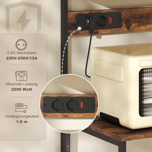 Keukenrek, staand rek met 5 s haken, 5 planken, stopcontact, van staal, rustiek bruin, 60 x 42 x 153 cm 5