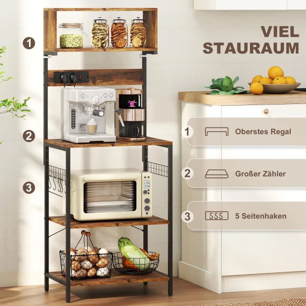 Keukenrek, staand rek met 5 s haken, 5 planken, stopcontact, van staal, rustiek bruin, 60 x 42 x 153 cm 7
