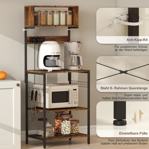 Keukenrek, staand rek met 5 s haken, 5 planken, stopcontact, van staal, rustiek bruin, 60 x 42 x 153 cm 8