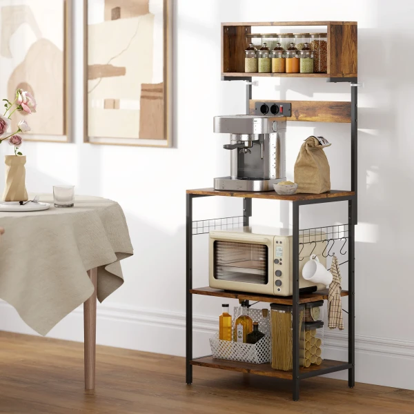 Keukenrek, staand rek met 5 s haken, 5 planken, stopcontact, van staal, rustiek bruin, 60 x 42 x 153 cm 9