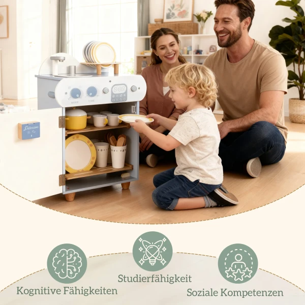 Keukenspoelset, Houten Vaatwasser Voor Kinderen, 32 Accessoire onderdelen, MDF, Voor Kinderen Vanaf 3 Jaar, Lichtblauw