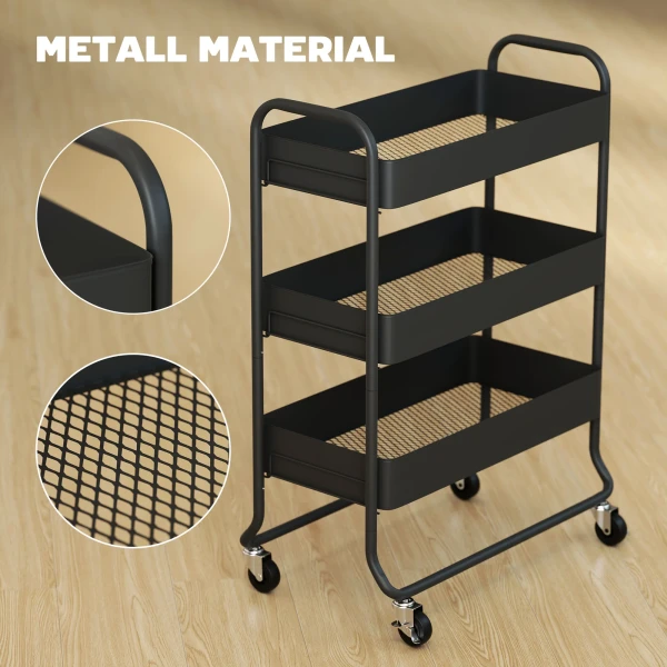 Keukenwagen, 3 Manden, 4 Wielen, Metaal, Zwart