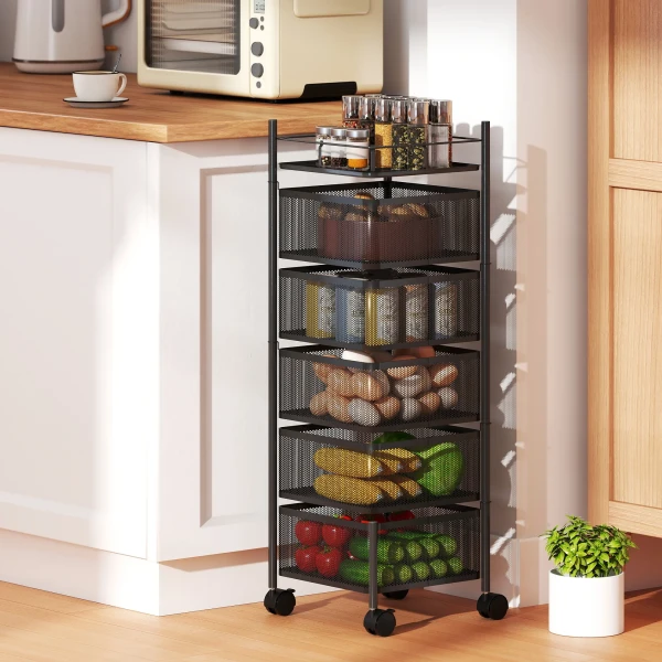 Keukenwagen, 5 Draaibare Manden, 4 Zwenkwielen, Metalen Frame, Zwart