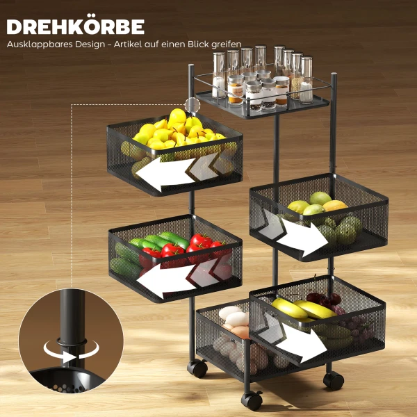Keukenwagen, 5 Draaibare Manden, 4 Zwenkwielen, Metalen Frame, Zwart