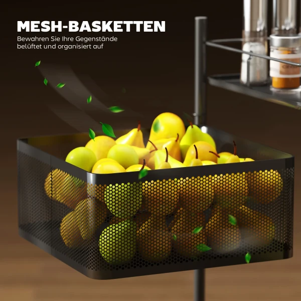 Keukenwagen, 5 Draaibare Manden, 4 Zwenkwielen, Metalen Frame, Zwart