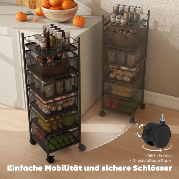 Keukenwagen, 5 Draaibare Manden, 4 Zwenkwielen, Metalen Frame, Zwart