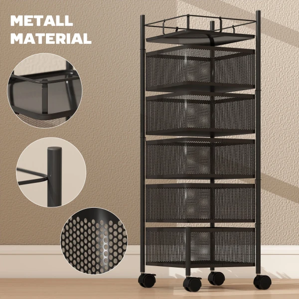 Keukenwagen, 5 Draaibare Manden, 4 Zwenkwielen, Metalen Frame, Zwart