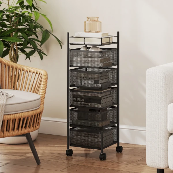 Keukenwagen, 5 Draaibare Manden, 4 Zwenkwielen, Metalen Frame, Zwart