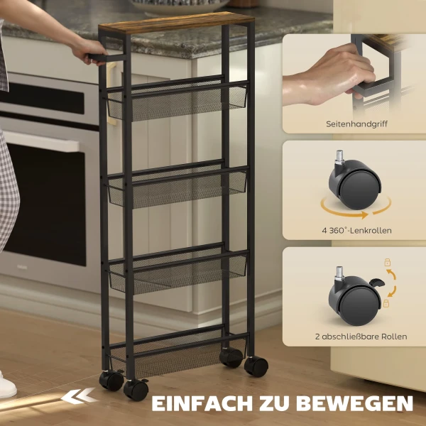 Keukenwagen Serveerwagen Met 5 Niveaus, Rolwagen Keukenrek Met Werkblad, Rollen Handvat 47 X 13 X 96,5 Cm, Zwart