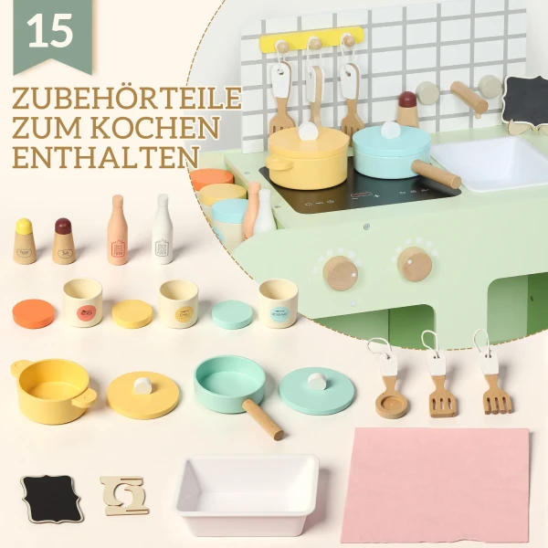 Kinderkeuken Speelset, MDF, 15 Accessoires, Kasten, 40 Cm, Vanaf 3 Jaar, Groen