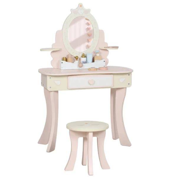 Kinderschminktafel, Stoel, Lade, Afneembare Spiegel, Kinderschrijftafel Met 7 Accessoires, 2 in 1 Ontwerp, MDF, Roze
