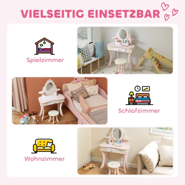 Kinderschminktafel, Stoel, Lade, Afneembare Spiegel, Kinderschrijftafel Met 7 Accessoires, 2 in 1 Ontwerp, MDF, Roze
