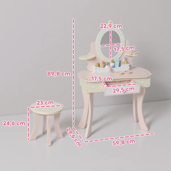 Kinderschminktafel, Stoel, Lade, Afneembare Spiegel, Kinderschrijftafel Met 7 Accessoires, 2 in 1 Ontwerp, MDF, Roze