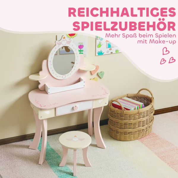 Kinderschminktafel, Stoel, Lade, Afneembare Spiegel, Kinderschrijftafel Met 7 Accessoires, 2 in 1 Ontwerp, MDF, Roze