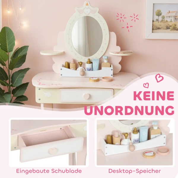 Kinderschminktafel, Stoel, Lade, Afneembare Spiegel, Kinderschrijftafel Met 7 Accessoires, 2 in 1 Ontwerp, MDF, Roze