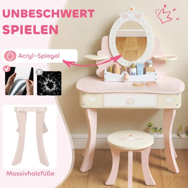 Kinderschminktafel, Stoel, Lade, Afneembare Spiegel, Kinderschrijftafel Met 7 Accessoires, 2 in 1 Ontwerp, MDF, Roze