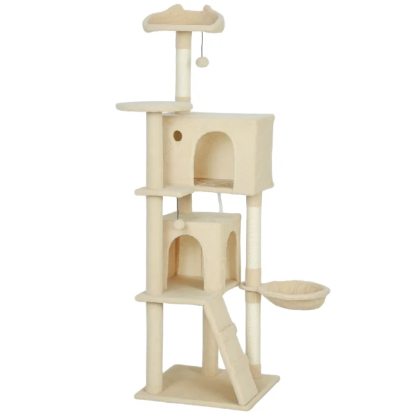 Krabpaal 160 Cm Kattentoren Met Hangmat, Ladder, Hol, 2 Pluche Ballen, Sisal Stammen, 48 X 48 X 160 Cm, Beige