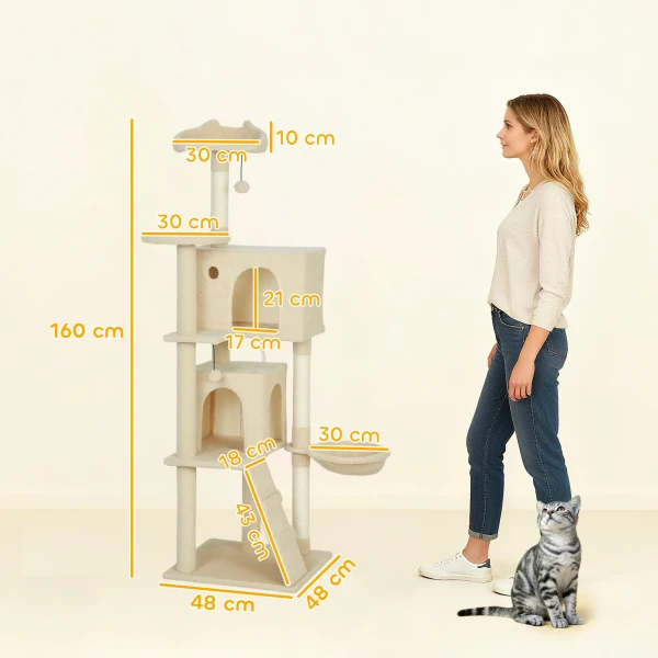 Krabpaal 160 Cm Kattentoren Met Hangmat, Ladder, Hol, 2 Pluche Ballen, Sisal Stammen, 48 X 48 X 160 Cm, Beige