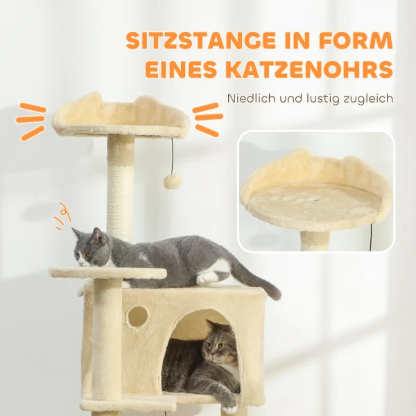 Krabpaal 160 Cm Kattentoren Met Hangmat, Ladder, Hol, 2 Pluche Ballen, Sisal Stammen, 48 X 48 X 160 Cm, Beige