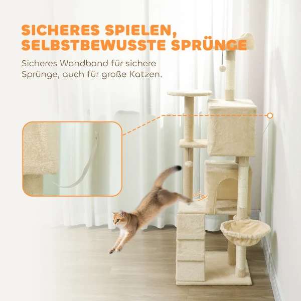 Krabpaal 160 Cm Kattentoren Met Hangmat, Ladder, Hol, 2 Pluche Ballen, Sisal Stammen, 48 X 48 X 160 Cm, Beige