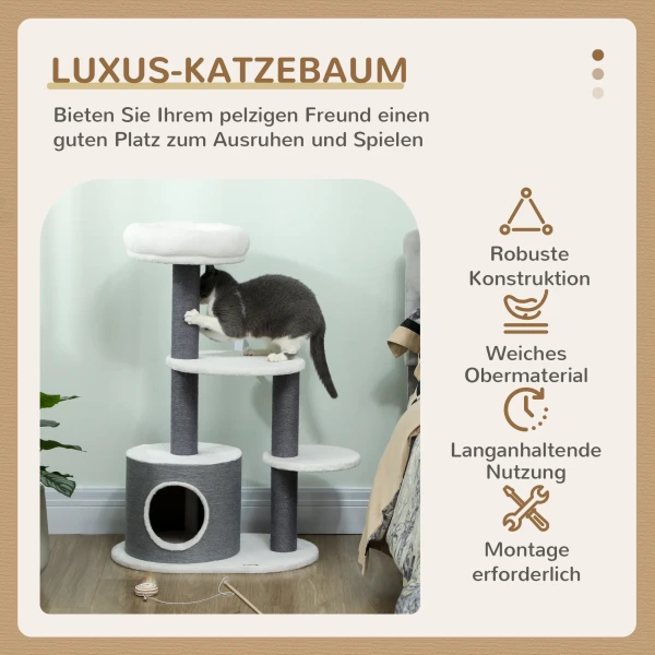 Krabpaal met 1 kattenhol, 1 kattenbed, 2 platforms, jute touwpalen, wit + grijs 5