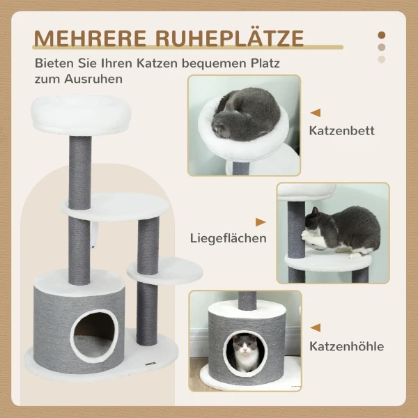 Krabpaal met 1 kattenhol, 1 kattenbed, 2 platforms, jute touwpalen, wit + grijs 6
