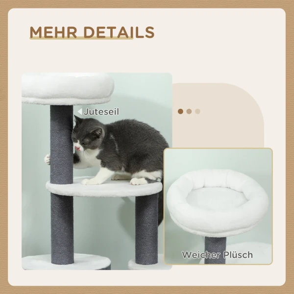 Krabpaal met 1 kattenhol, 1 kattenbed, 2 platforms, jute touwpalen, wit + grijs 7
