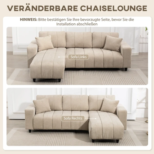 L vormige hoekbank met flexibele chaise longue, 3 zits bank met 2 kussens, metalen frame, voor woonkamer, beige 5