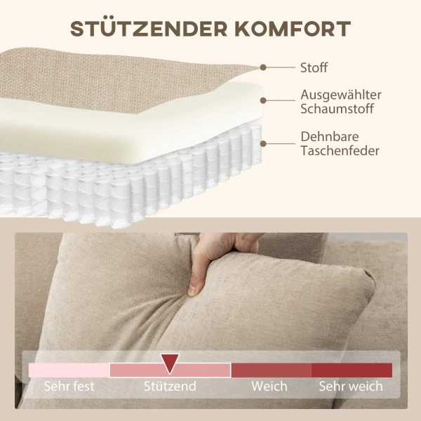 L vormige hoekbank met flexibele chaise longue, 3 zits bank met 2 kussens, metalen frame, voor woonkamer, beige 7