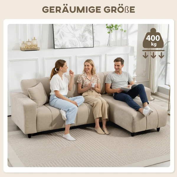 L vormige hoekbank met flexibele chaise longue, 3 zits bank met 2 kussens, metalen frame, voor woonkamer, beige 8