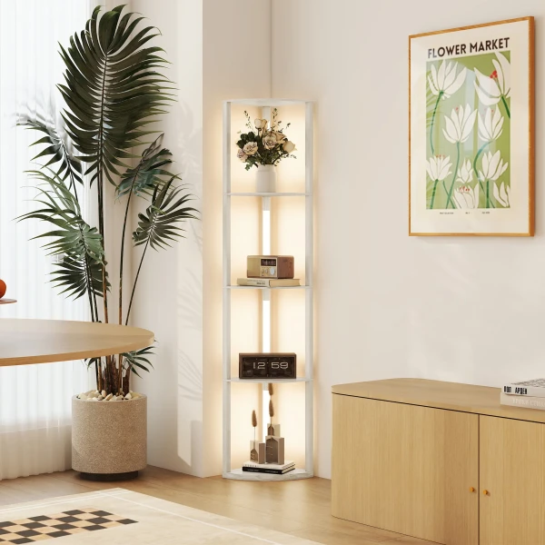 LED Staande Lamp, Hoekplank, Dimbaar, 4 Planken, Warm Wit Licht, 41x30x164cm, Eik