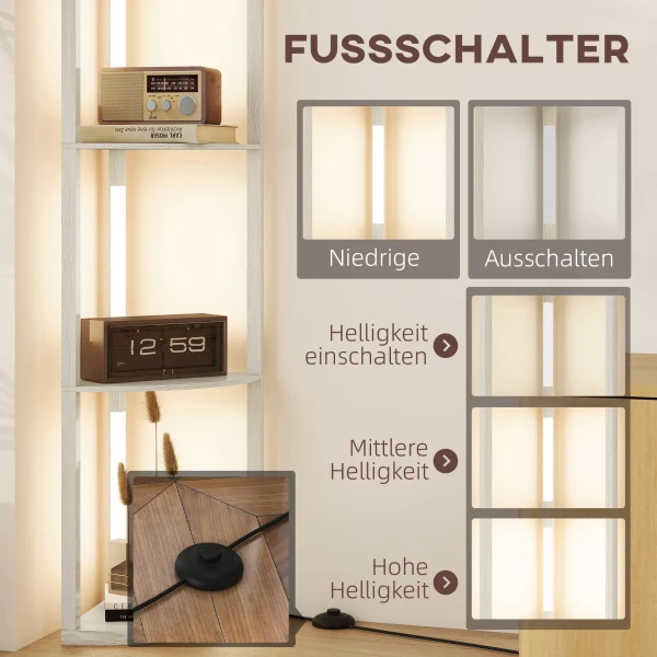 LED Staande Lamp, Hoekplank, Dimbaar, 4 Planken, Warm Wit Licht, 41x30x164cm, Eik