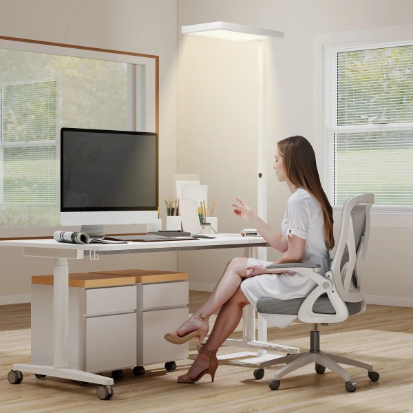 LED Staande Lamp, Oogvriendelijk Licht, Vloerlamp Met Afstandsbediening, Aanpasbare Helderheid, Kunststof, Metaal, Wit