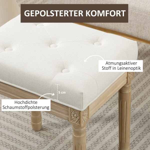 Linnen zitkruk, gestoffeerde bank, voetenbank met gepolsterde zitting, houten poten, 42 x 32 x 46,5 cm, beige 5