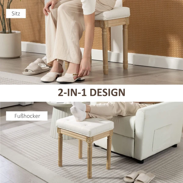 Linnen zitkruk, gestoffeerde bank, voetenbank met gepolsterde zitting, houten poten, 42 x 32 x 46,5 cm, beige 7