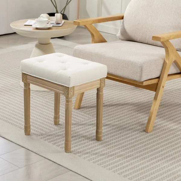Linnen zitkruk, gestoffeerde bank, voetenbank met gepolsterde zitting, houten poten, 42 x 32 x 46,5 cm, beige 8