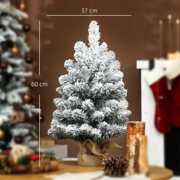 Mini kunstmatige kerstboom 60 cm, kunstmatige spar met sneeuw, 72 punten 6 sparrenkegels cementbasis 4