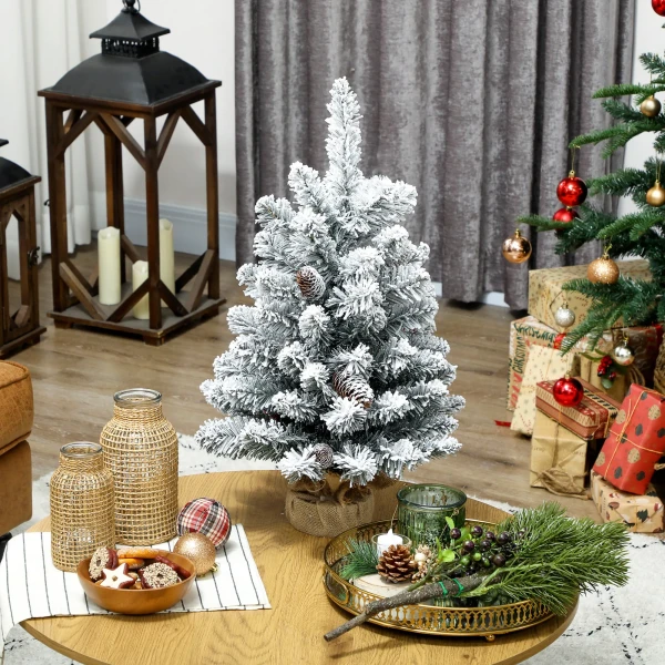 Mini kunstmatige kerstboom 60 cm, kunstmatige spar met sneeuw, 72 punten 6 sparrenkegels cementbasis 8