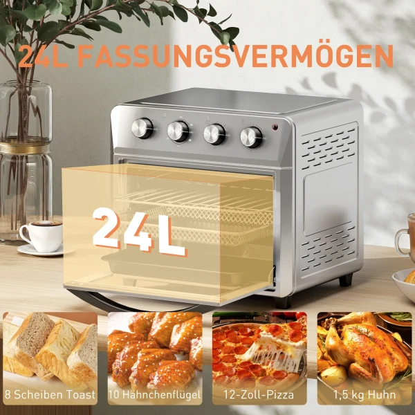 Minibackoven Met Convectie, Heteluchtfriteuse, 6 Verwarmingsmodi, Timer, Accessoires, 24L, Zilver