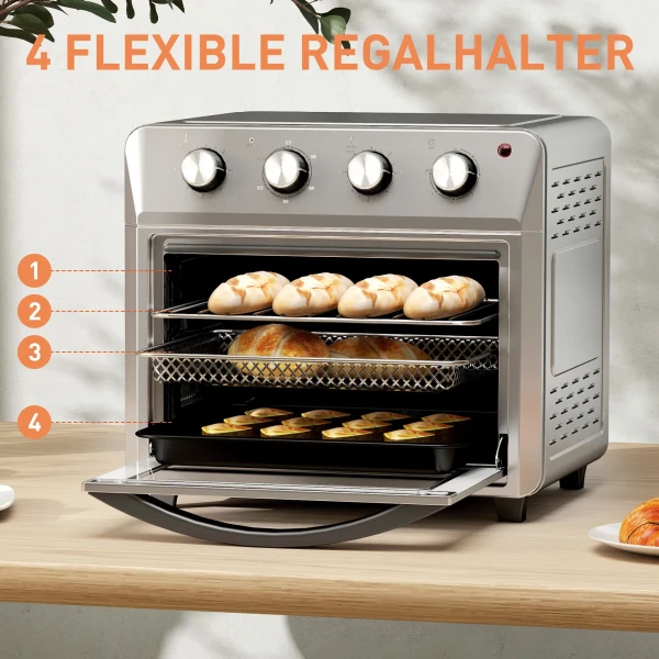 Minibackoven Met Convectie, Heteluchtfriteuse, 6 Verwarmingsmodi, Timer, Accessoires, 24L, Zilver