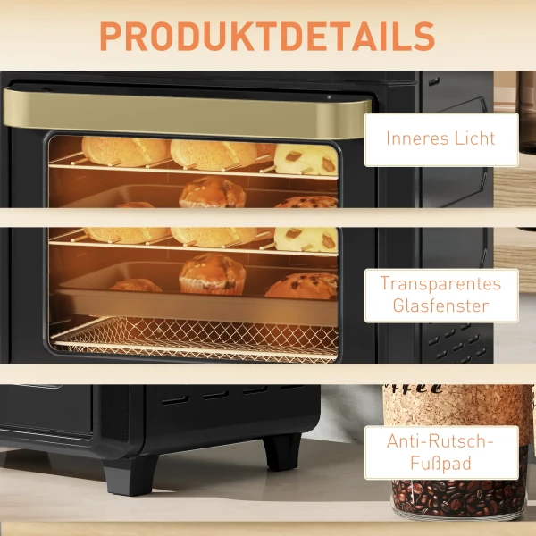 Minibackoven Met Heteluchtcirculatie, Heteluchtfriteuse, Timer, Binnenverlichting, 10L, Zwart