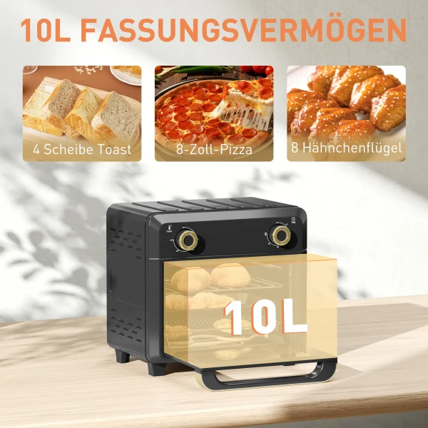 Minibackoven Met Heteluchtcirculatie, Heteluchtfriteuse, Timer, Binnenverlichting, 10L, Zwart