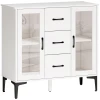 Modern Dressoir Met Soft close Deuren, Buffetkast Met 3 Lades, 2 Glazen Deuren, Verstelbare Planken, MDF, Wit